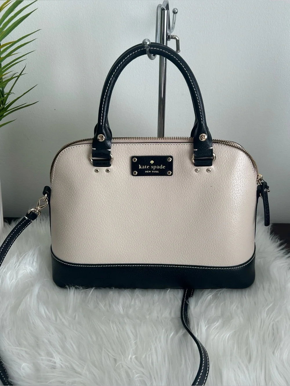Kate Spade Cream Black Leather Dome Satchel Crossbody Shoulder Bag